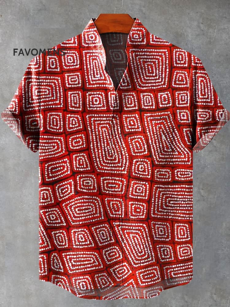 Vintage Red Tribal Repeat Loop Printed Casual 100% Cotton Shirt