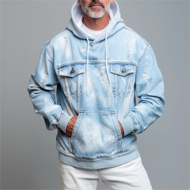 Men's Fashion Washed Denim Pockets Drawstring Hooded