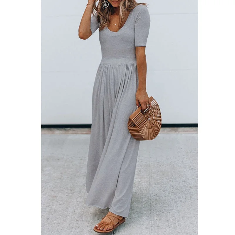 Women's New Round Neck Short Sleeve Long Jumpsuit