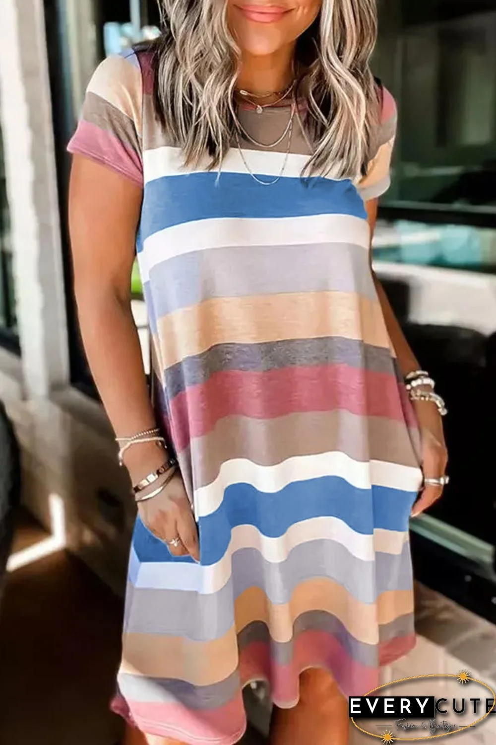 Multicolor Striped Pocket T Shirt Dress