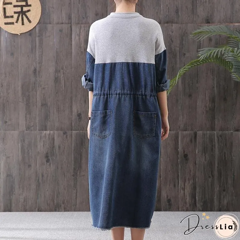 Women denim blue stand collar zippered oversized Dress
