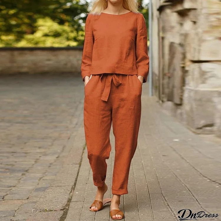 Round Neck Top and Drawstring Pants Two-piece Set