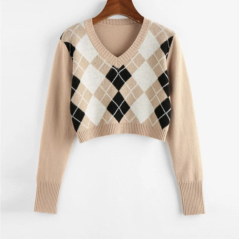Cropped Argyle Sweater Women V Neck Long Sleeve Pullover Elegant Knit Sweater Top 2021 Fashion Za Style Autumn Jersey Mujer