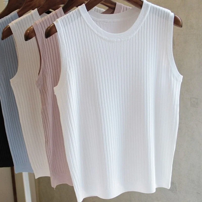 Fashion Ice Silk Knitted Vest Gym Tank Top Women Round Neck Thin Sleeveless Shirt Summer wide shoulder Loose Blusas 4588 50