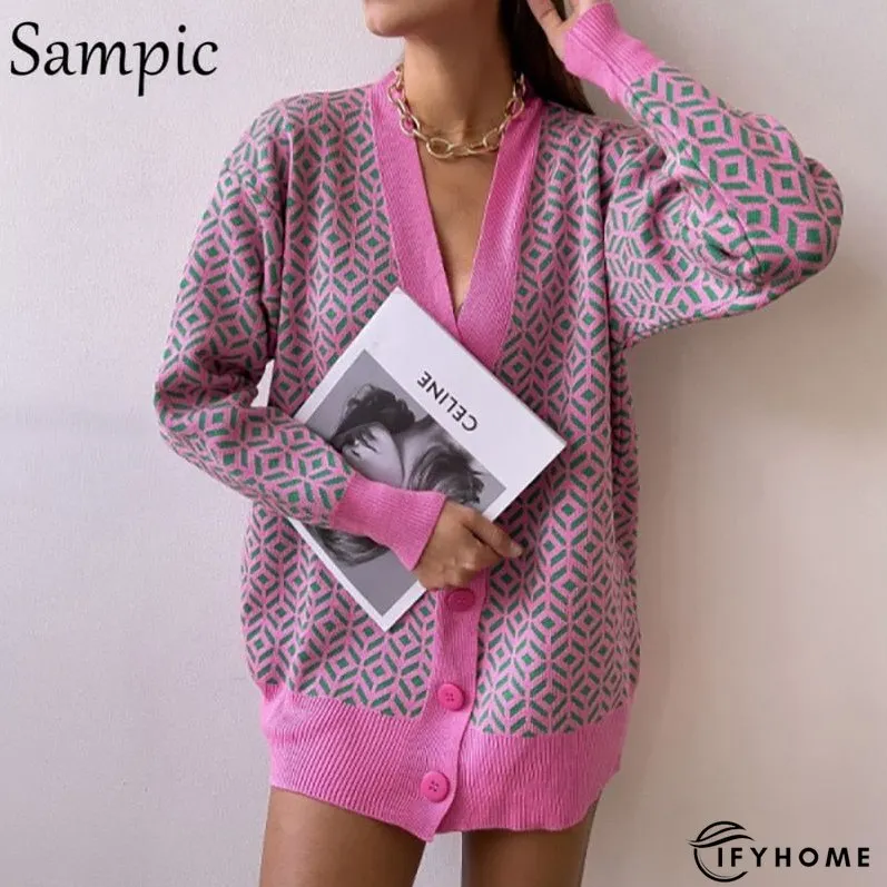 Christmas Gift Sampic Loose Patchwork Knitwear Winter Women Cardigans Tops Oversized Long | IFYHOME