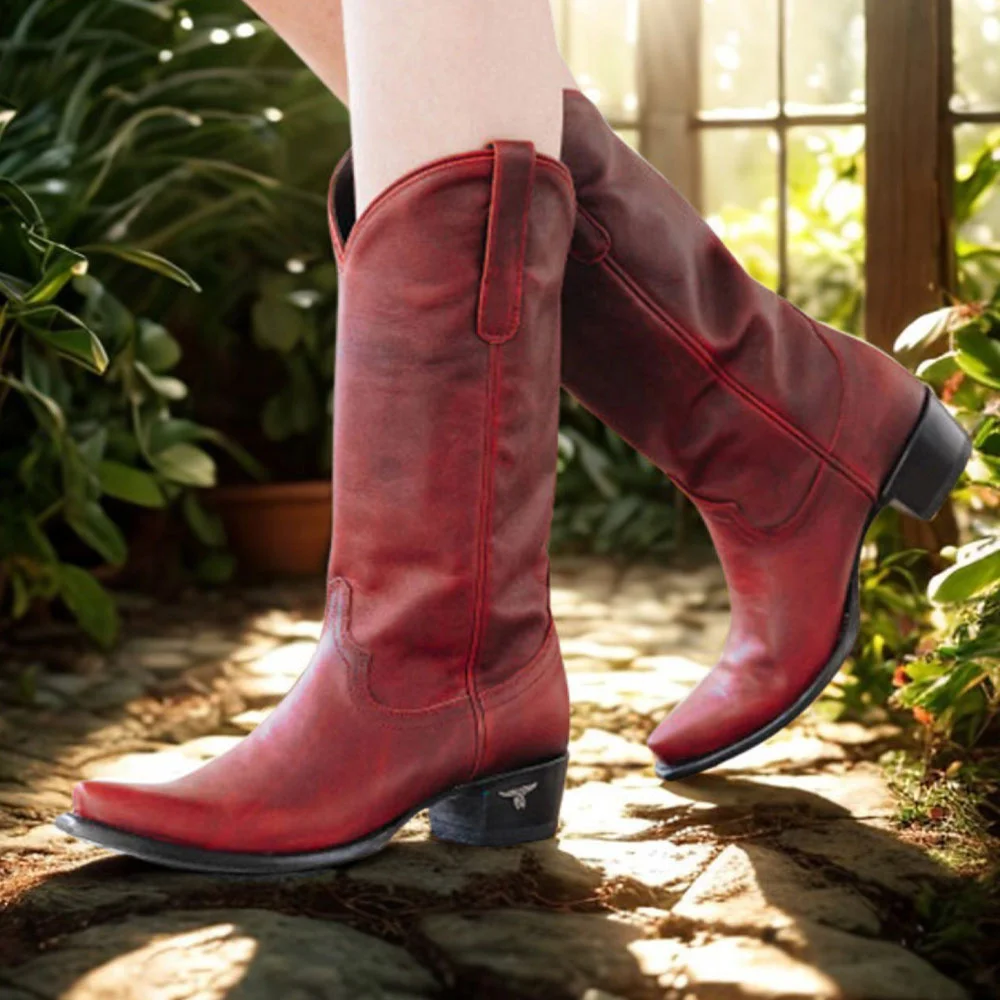 Maroon Comfort Chunky Heel Mid Calf Pull On Cowgirl Boots for Women