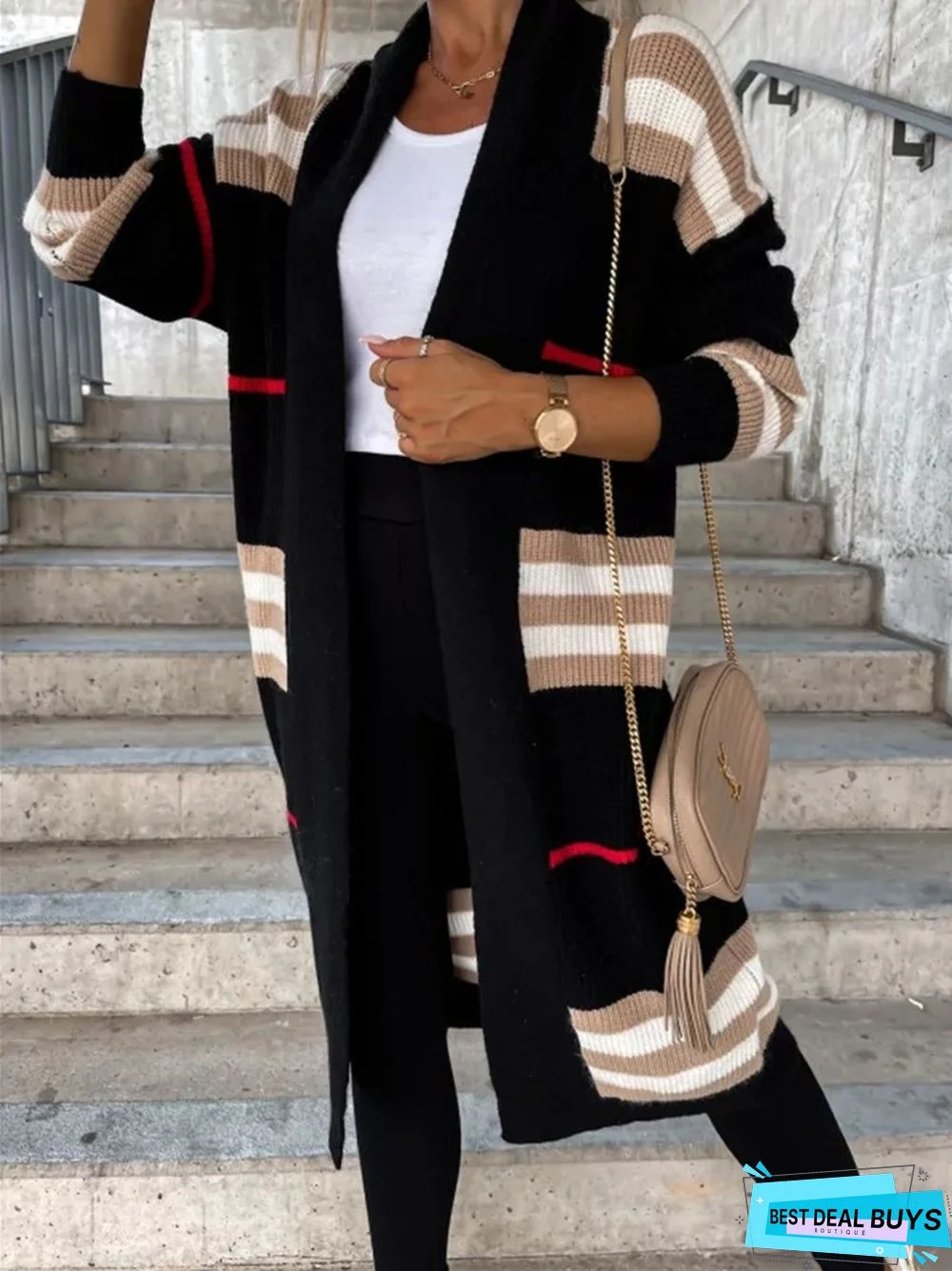 Ladies Long Cardigan Striped Knit Sweater