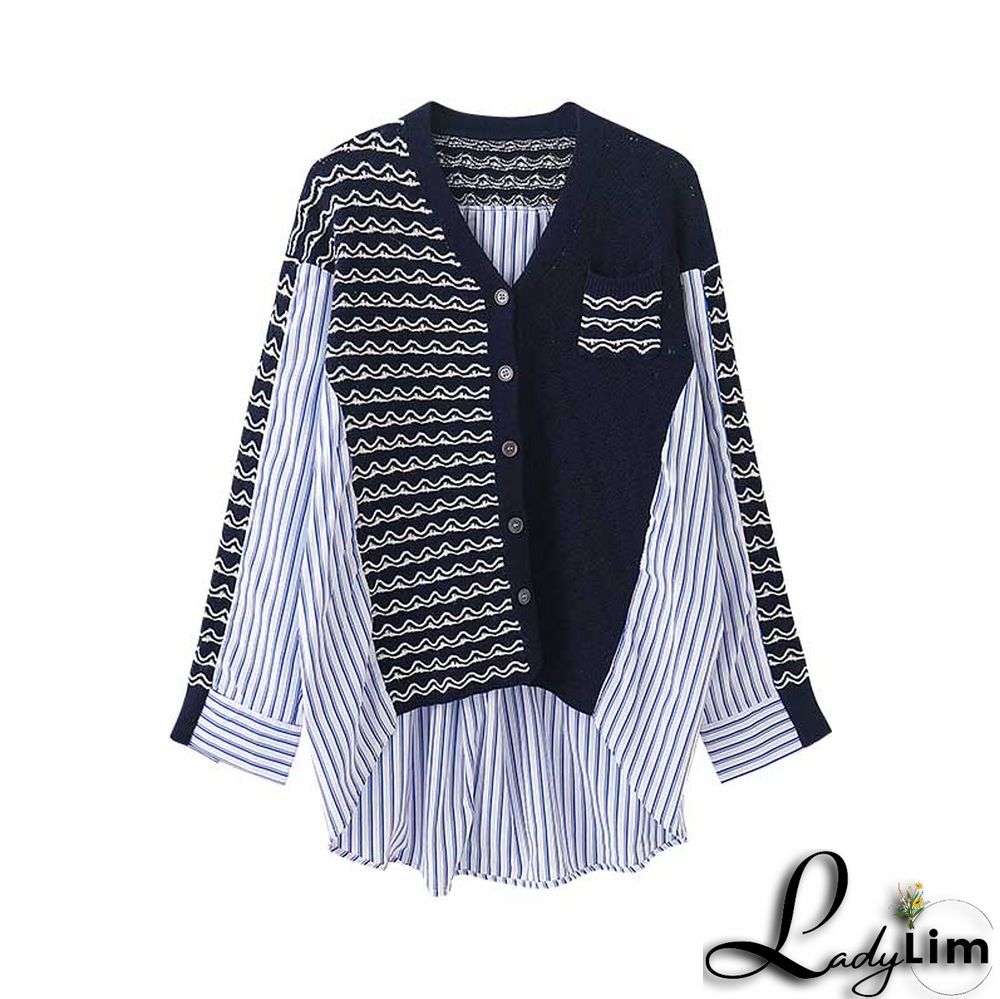Colorblock Stripe Loose V-neck Cardigan Sweater Shirt
