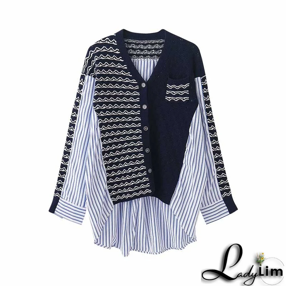 Colorblock Stripe Loose V-neck Cardigan Sweater Shirt