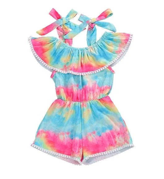 Baby Summer Clothing Infant Kids Baby Girls Tie dye Romper Colorful Strap Ruffled Jumpsuits Tassels Balls Playsuits