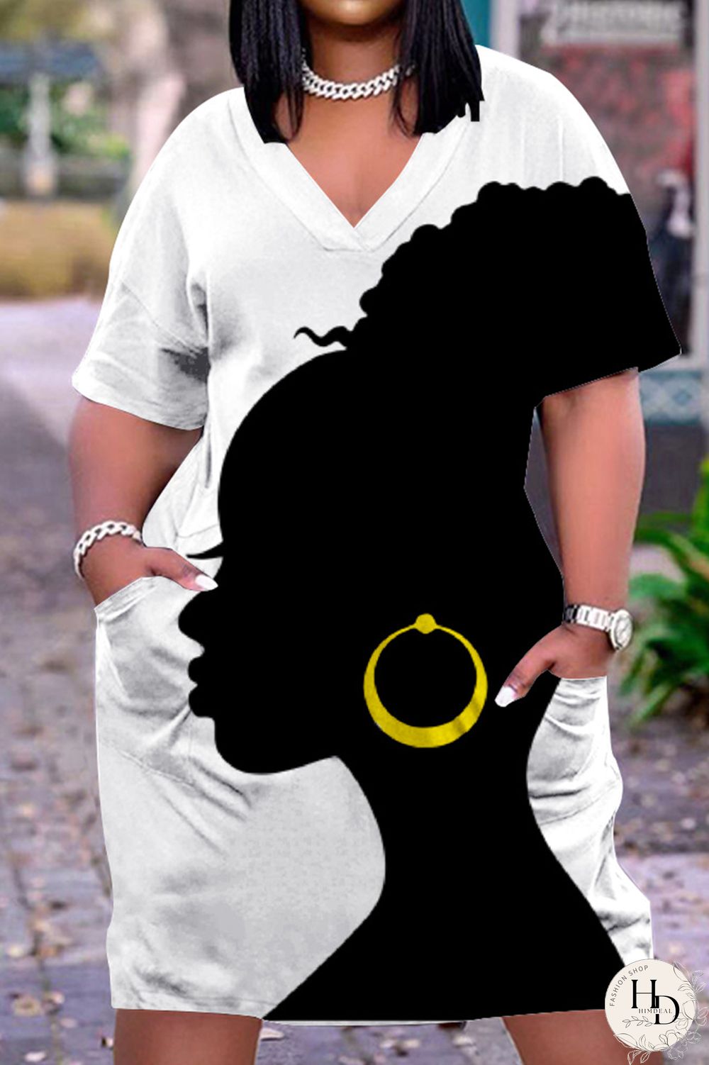 Shallow Yellow Fashion Casual Print Basic V Neck Short Sleeve Dress