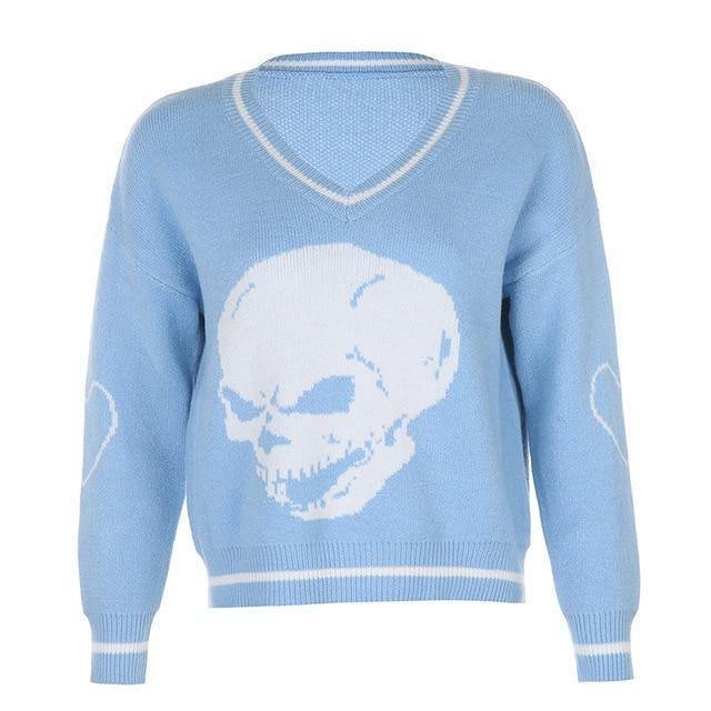 Rapcopter Y2K Sweaters Skulls Pullovers V Neck Knitwear Loose Casual Knitted Tops Women Streetwear Retro Tops Blue Autumn