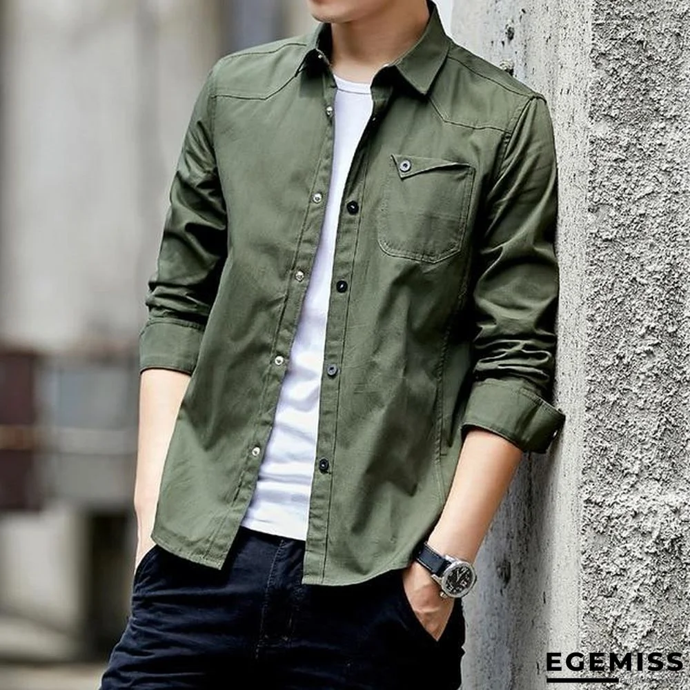 Men Cotton Military Shirt Long Sleeve Breathable Casual Shirt Solid Shirt Tops | EGEMISS