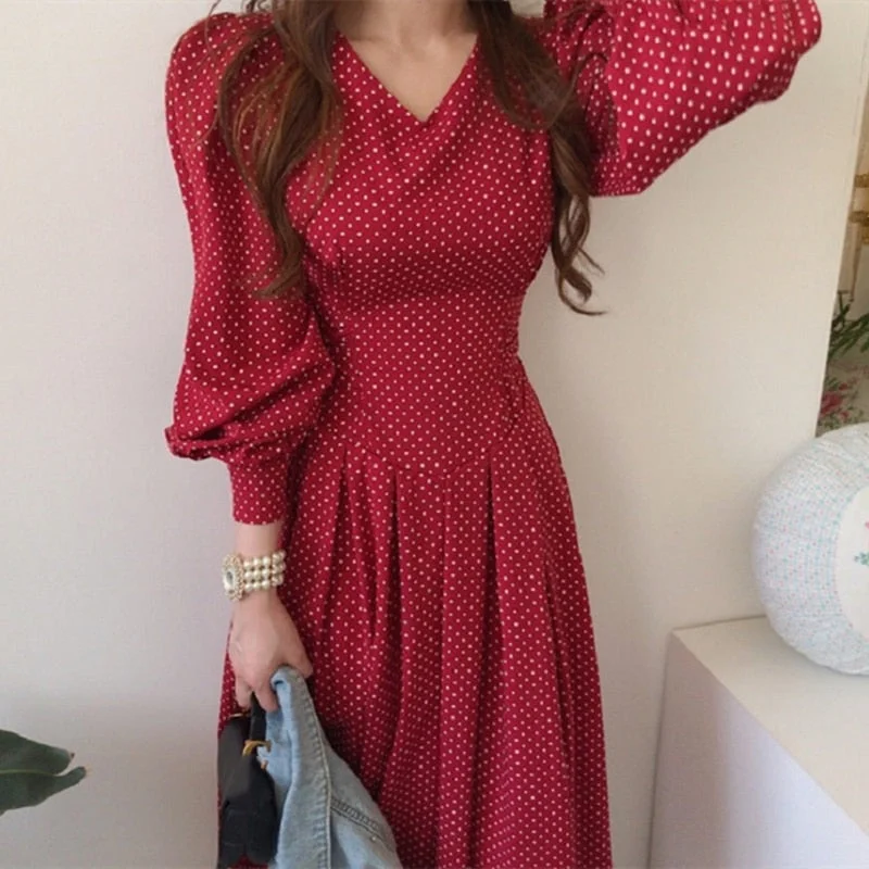 Spring Fashion French Vintage Maxi 2021 Ladies Lantern Sleeve Dot Chiffon Dresses Femme Autumn Robe