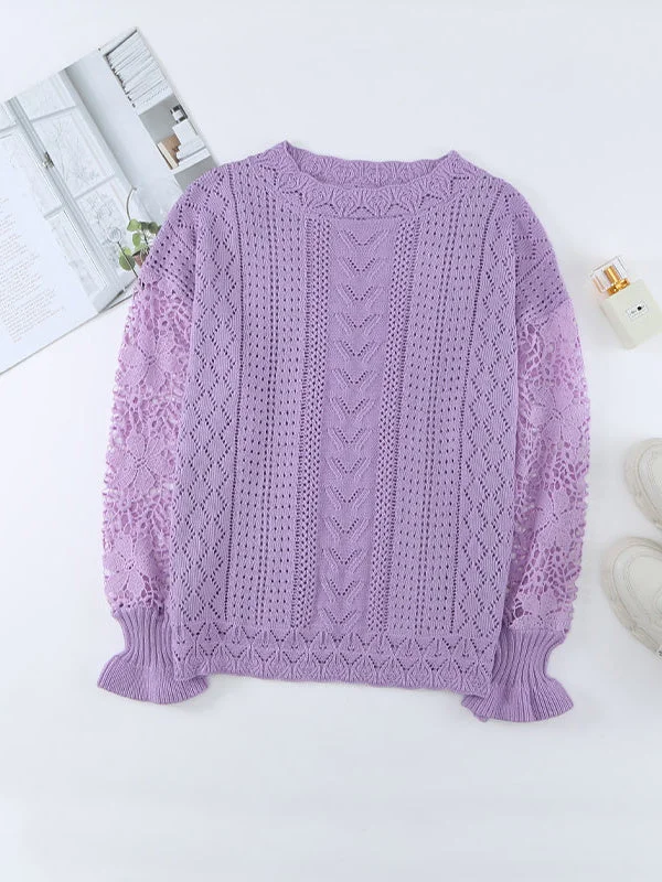 Women Long Sleeve Scoop Neck Lace Sweaters