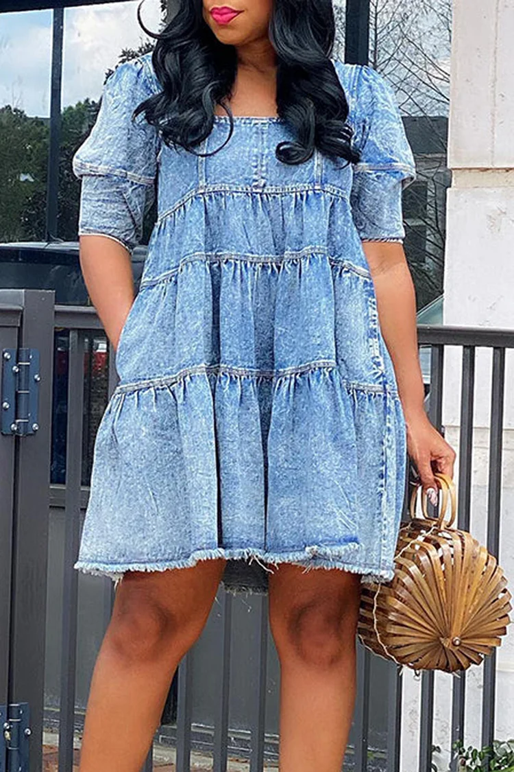 Xpluswear Plus Size Blue Daily Denim Puff Sleeve Babydoll Dress Mini Dress