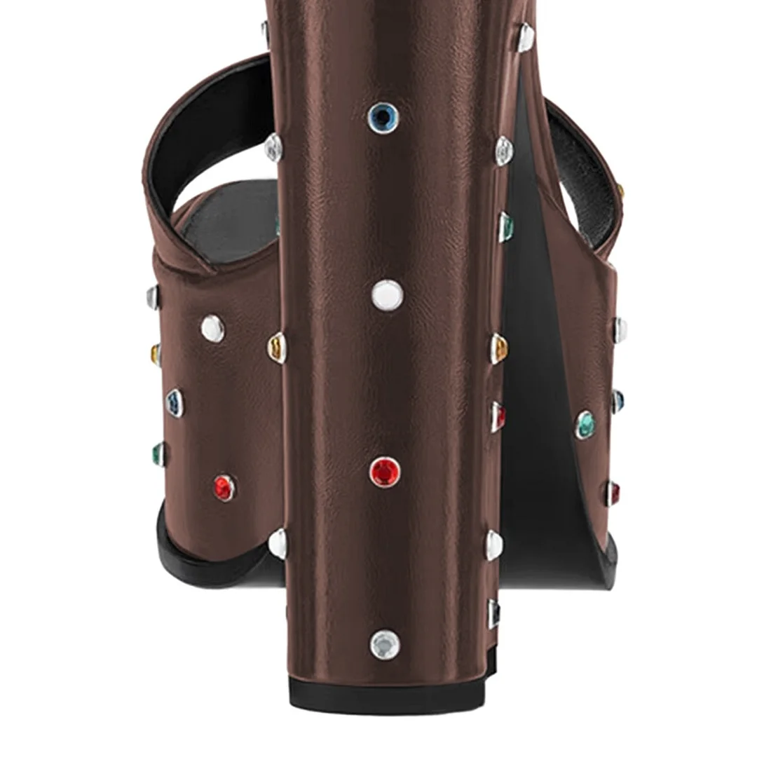 Brown Rhinestone Open Square Toe Ankle Strap Platform Heel Sandals