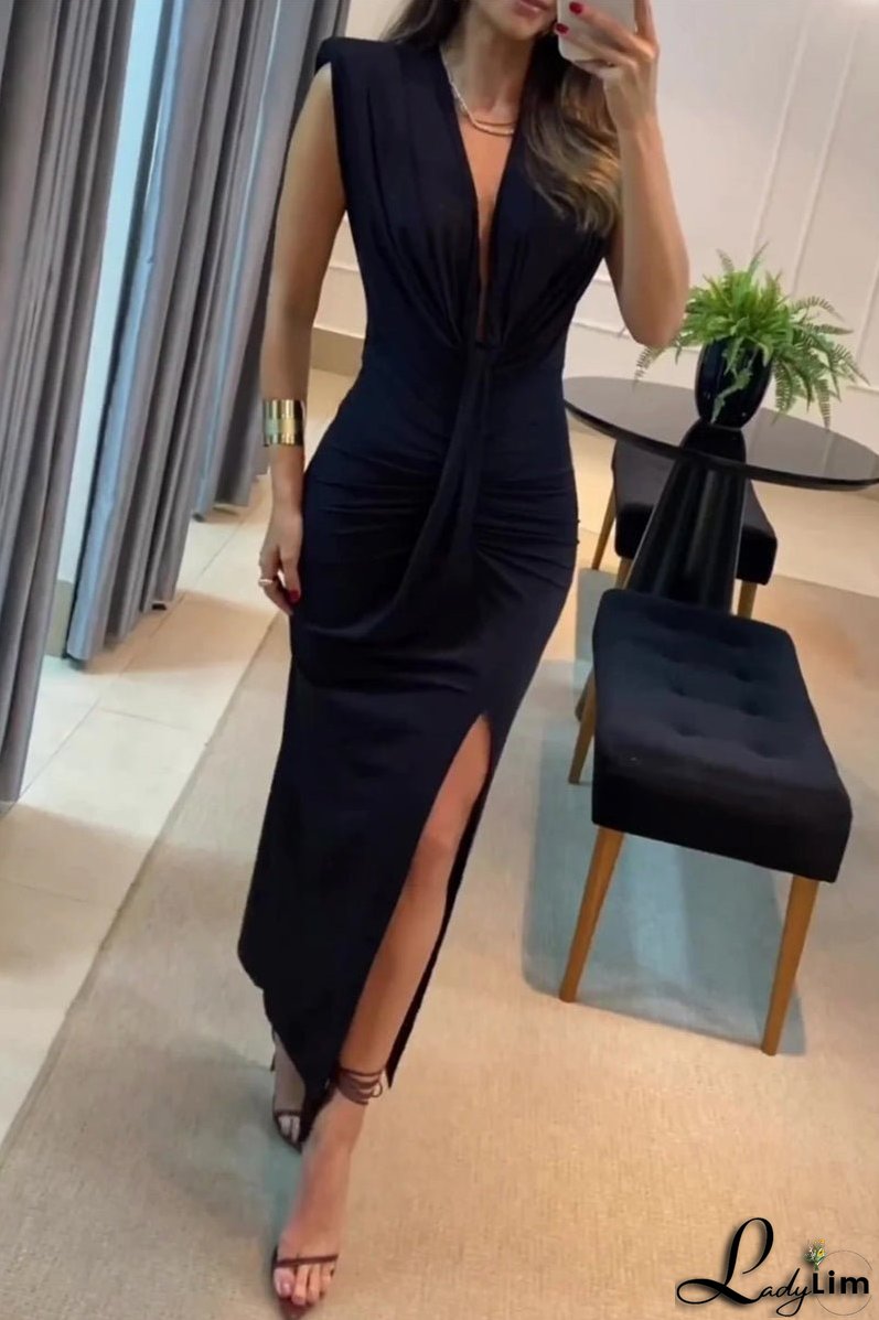 Sexy Solid Slit Fold V Neck One Step Skirt Dresses(5 Colors)