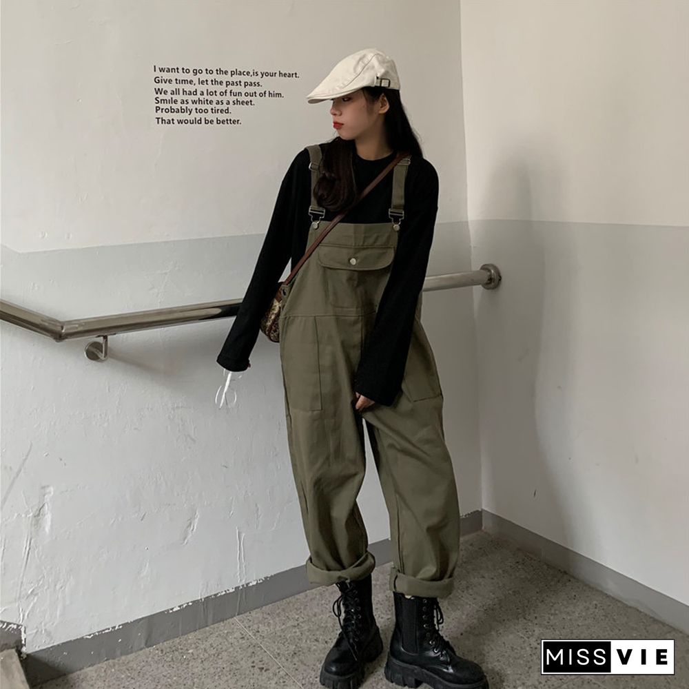 Cool Loose Pure Color Shirt Overalls Set