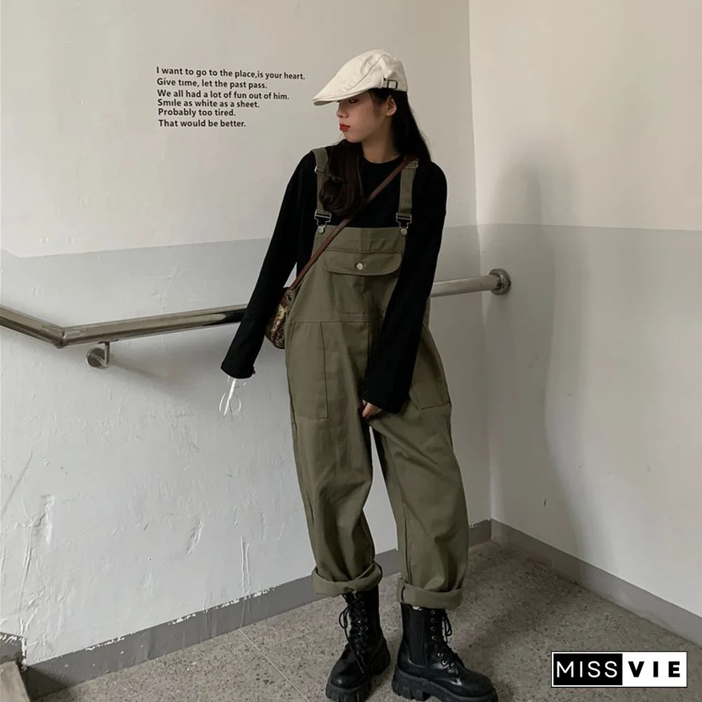 Cool Loose Pure Color Shirt Overalls Set