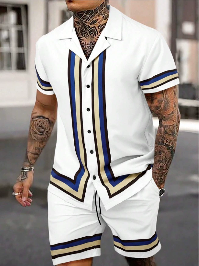 [S-3XL]Men's Classic Casual Striped Digital Print Cuban Collar Shirt Shorts Two-Piece Set