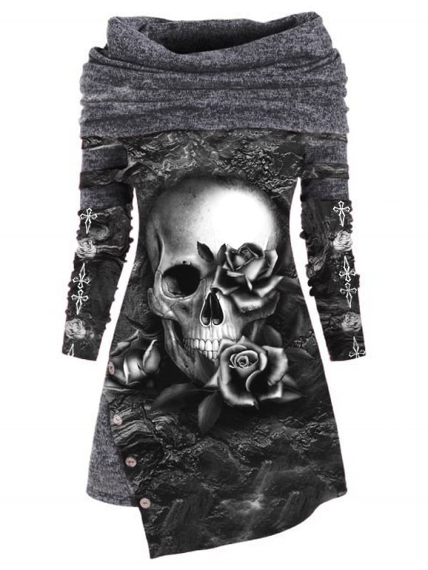 Punk Skull Print Warm Knit Irregular Top