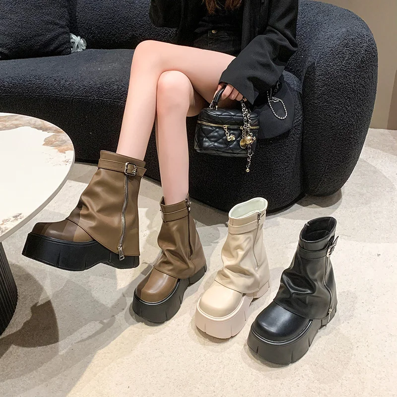 Wongn Wongn Celebrity Thick Bottom Tube Boots Female 2023 Winter New British Style Fashion Belt Buckle High Heel Small Short Boots