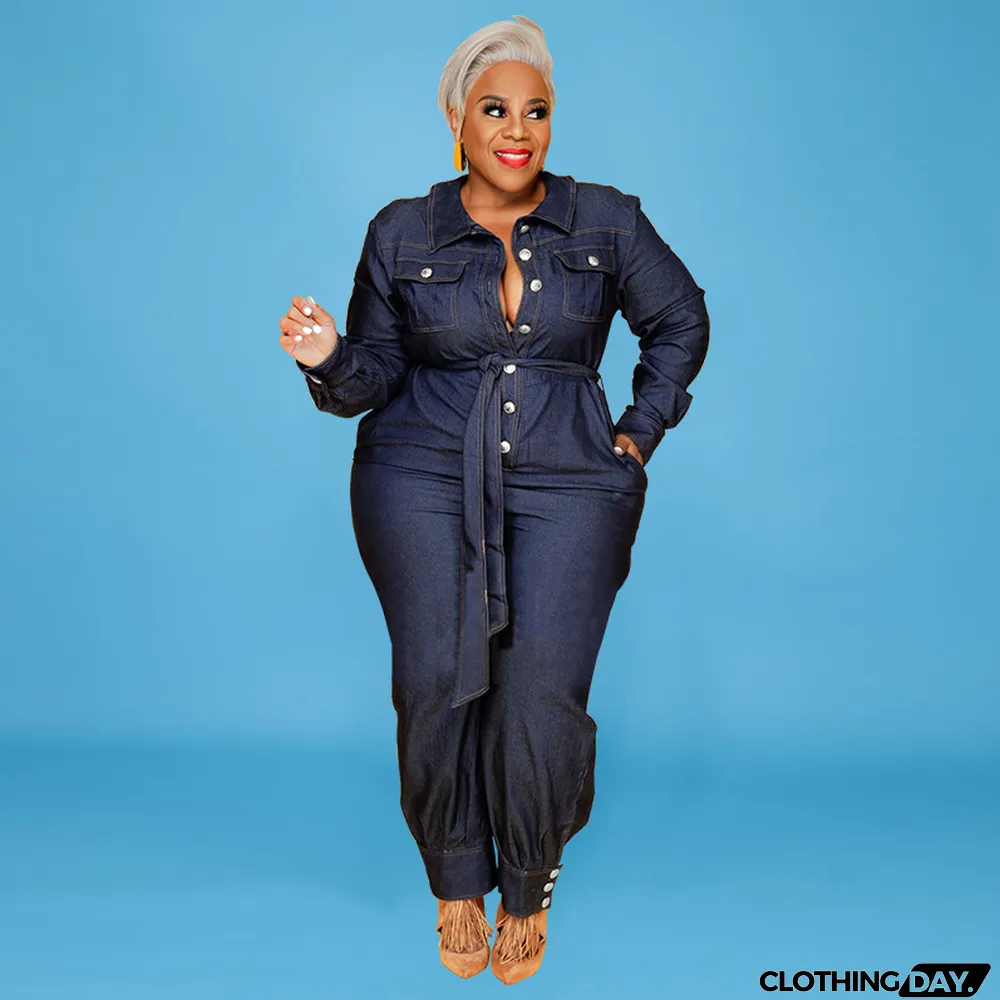 Slim V-Neck Casual Plus Size Women's Denim Jumpsuit