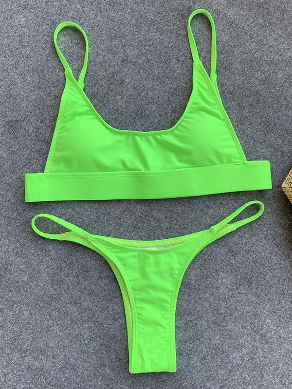 Sexy Solid Color Spaghetti-Neck Split Bikini Swimsuit