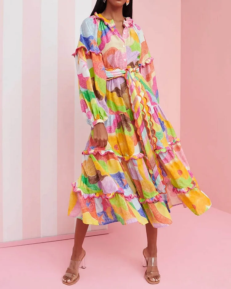 Ladies Casual Fashion Long Sleeve Printed Dress