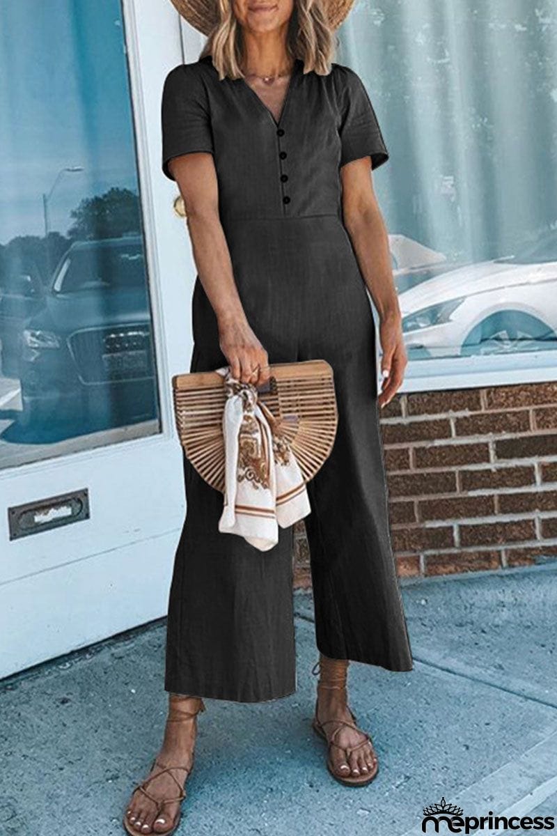 Button V Neck Short Sleeve Jumpsuits