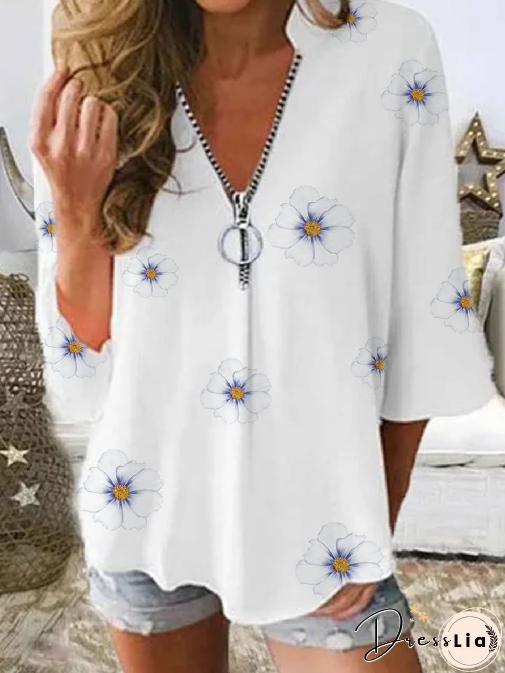 Floral-Print Half Sleeve Casual V Neck Tops