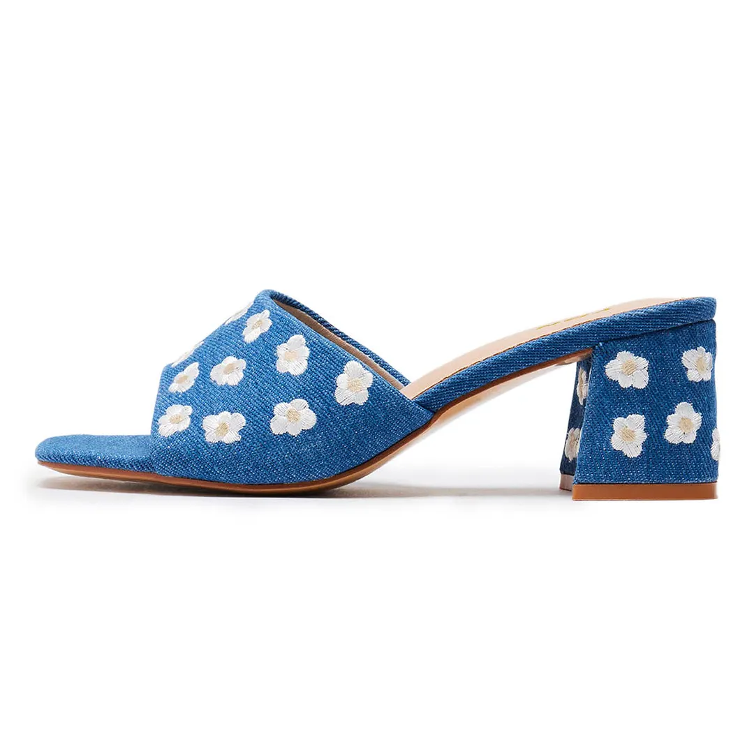 Blue Open-Toe Block Heel Slide Shoes with Flower Embroidery