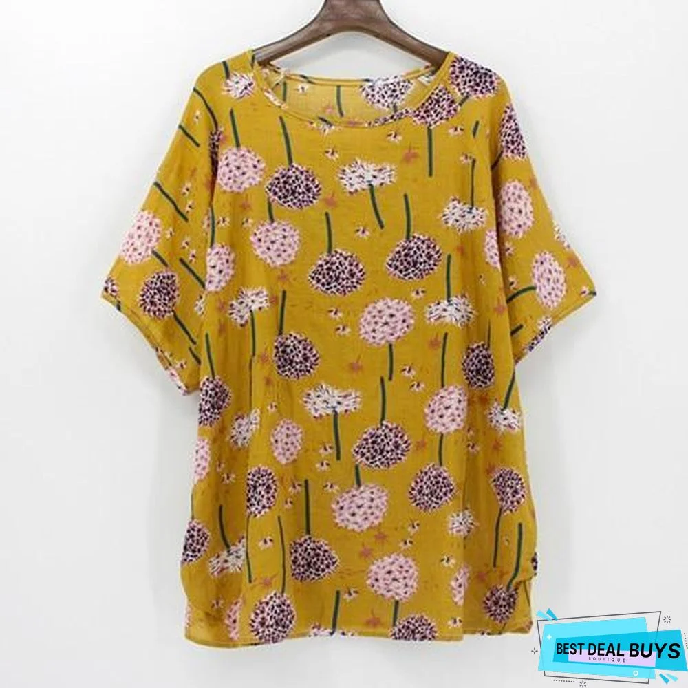 Plus Size Women Batwing Casual Tops Tees Floral Print Cotton Linen Blouses