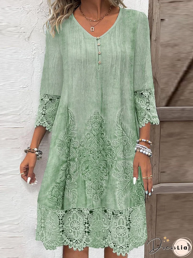 Women's 3/4 Sleeve V-neck Graphic Lace Buttons Midi Dress