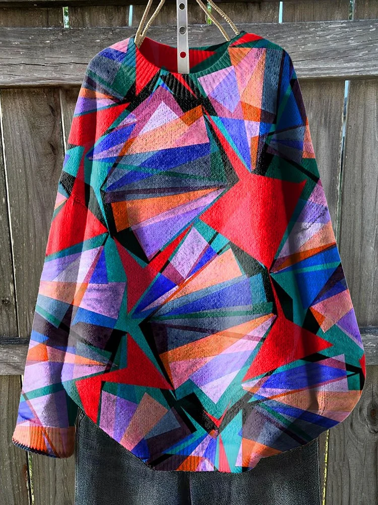 Colorful Abstrct Art Print Knit Pullover Sweater