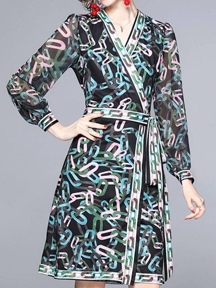 Elegant Printed V-Neck Long Sleeve Dress