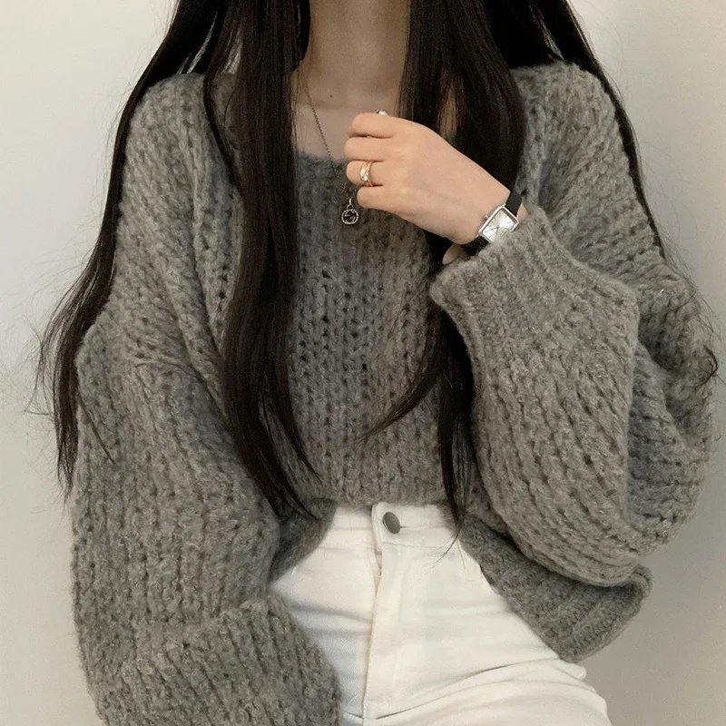 Uveng Uveng South Korea Autumn Candy Color Skin Sheath Loose Coarse Line Lantern Knitted Sweater Woman