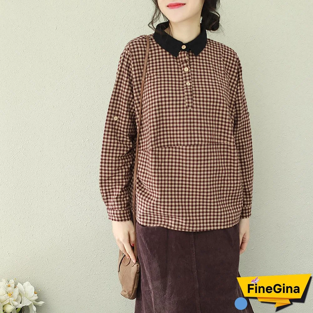 Unique lapel cotton linen clothes stylish Sleeve purple chocolate Plaid Midi tops