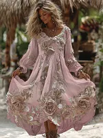 Women's Vintage Romantic White Rose Embroidery Art Comfy Linen Maxi Dress - Image 2