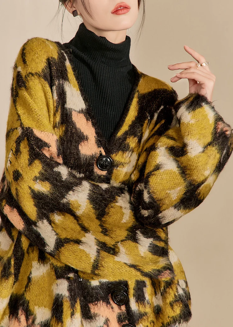 Vintage Colorblock V Neck Print Button Cotton Knit Cardigans Winter