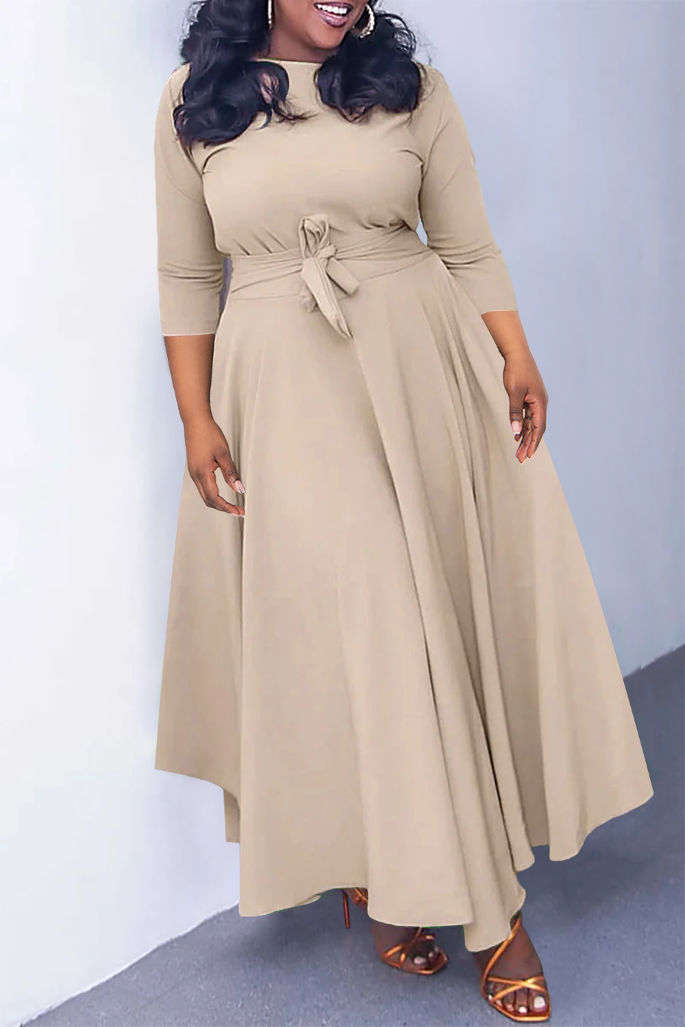 Plus Size Khaki Casual Round Neck Wrap Maxi Dress (Without Pockets)