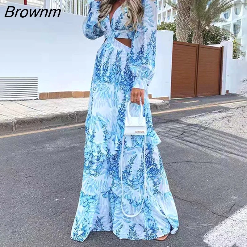 Brownm Beach Cover Up Summer Sexy V-Neck Backless Hollow Out Lantern Sleeve Maxi Dress Female Club Party Long Dress 21765