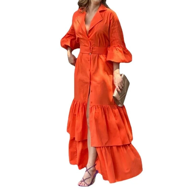 Nncharge Women's Dresses 2023 Spring Fashion Plain Turn-Down Collar Bell Sleeve Casual Long Sleeve Daily Hem Slit Ruffles Long Dress