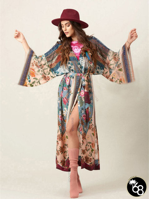 Women's Open Stitch Flare Sleeve Floral Long Beach Cover Up | 168DEAL