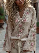 Women's Vintage Rose Art Cozy Knit Sweater