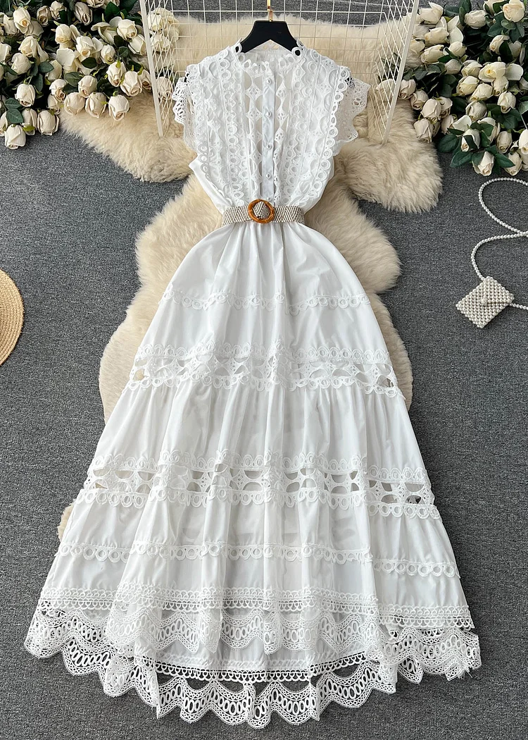 New White Lace Hollow Out Cotton Dress Sleeveless