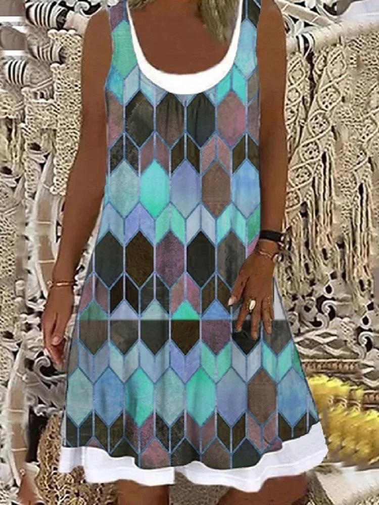Women's Sleeveless Scoop Neck Printed Fake 2-Piece Mini Dress