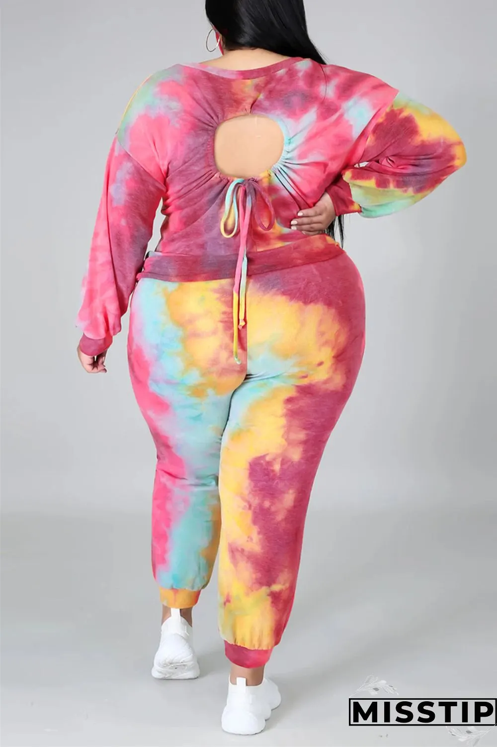 multicolor Fashion Casual Print Tie Dye Tie-dye Backless O Neck Plus Size Set