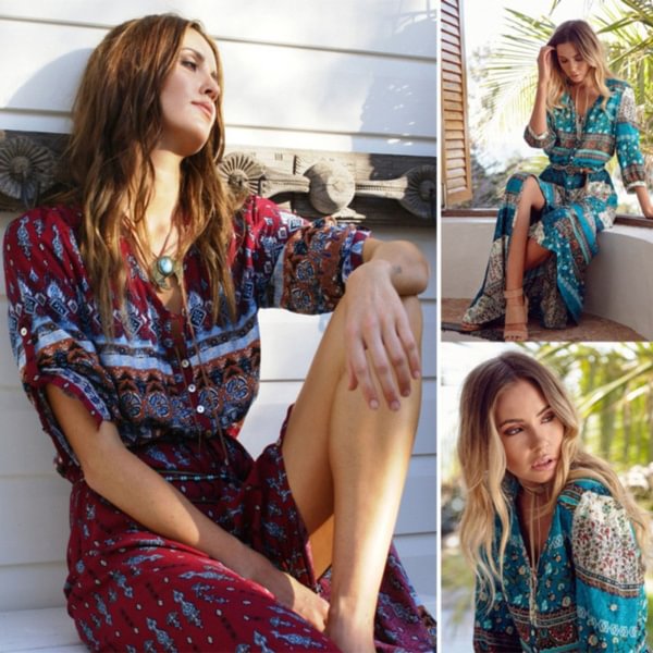 Women Casual Loose Short Sleeve Holiday Dress Bohemian Vintage Printed Long Dresses - Life is Beautiful for You - SheChoic